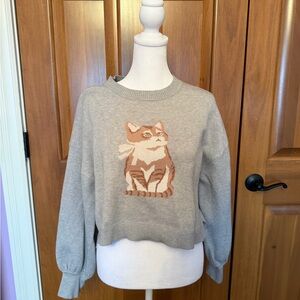 Pink Rose gray long sleeve cropped sweater with tan cat women’s size medium
